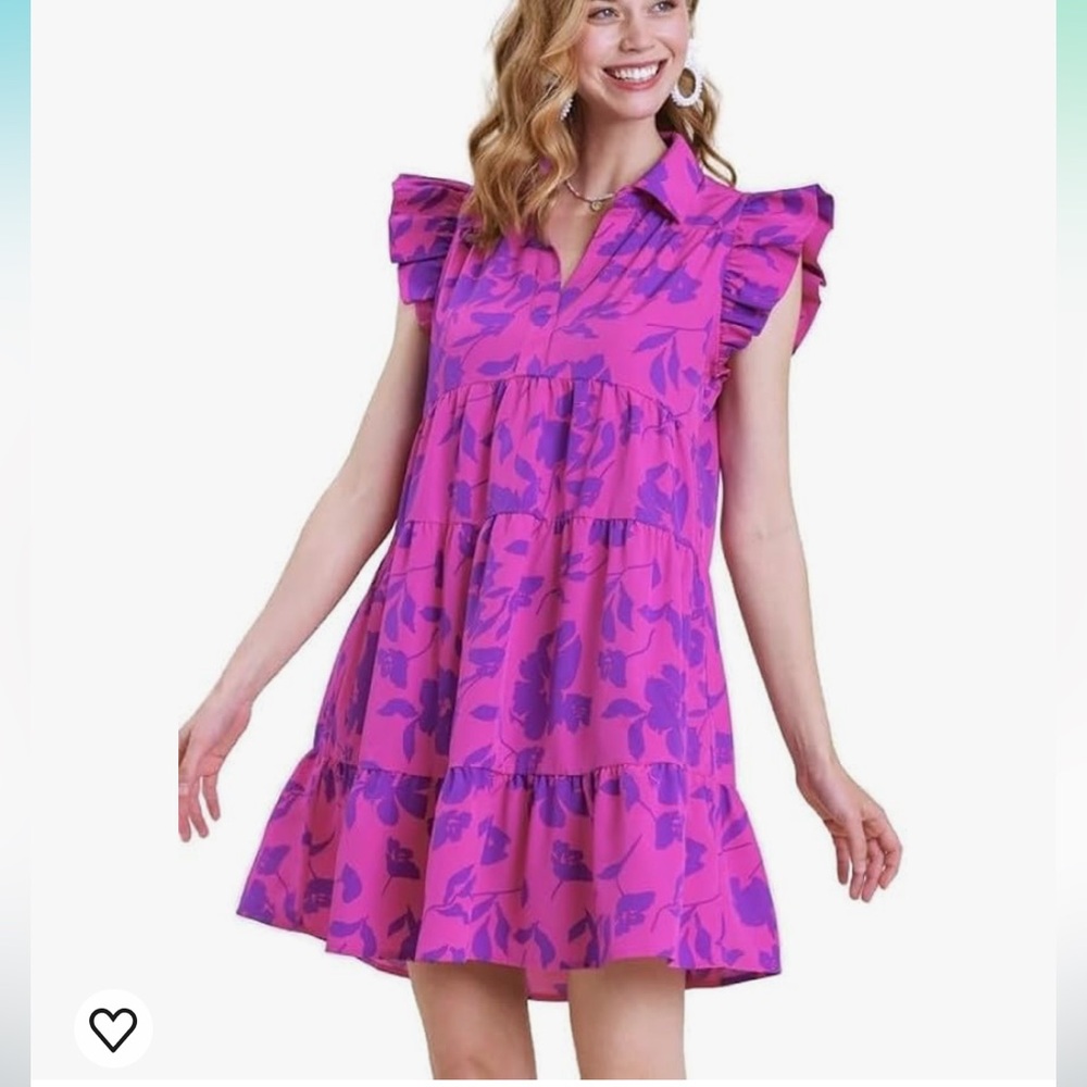 NWT- UMGEE- MAGENTA MIX FLORAL PRINT COLLARED V-NECK RUFFLE DRESS- Size Medium